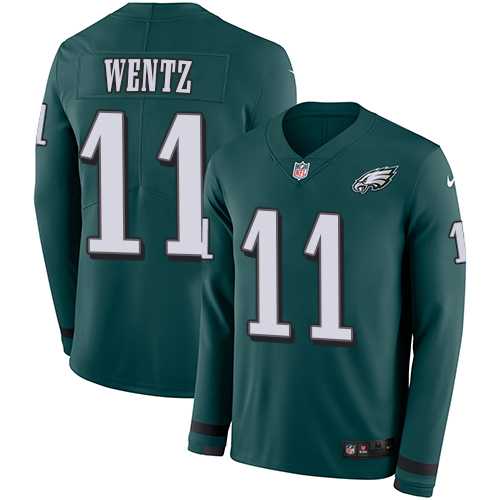 Nike Philadelphia Eagles #11 Carson Wentz Midnight Green Team Color Men's Stitched NFL Limited Therma Long Sleeve Jersey