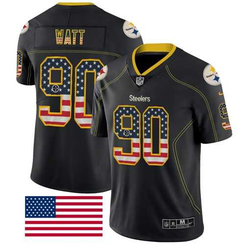 Nike Pittsburgh Steelers #90 T. J. Watt Black Men's Stitched NFL Limited Rush USA Flag Jersey