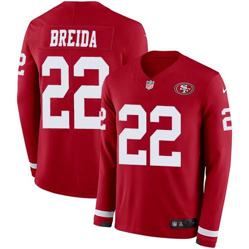 Nike San Francisco 49ers #22 Matt Breida Red Team Color Men's Stitched NFL Limited Therma Long Sleeve Jersey