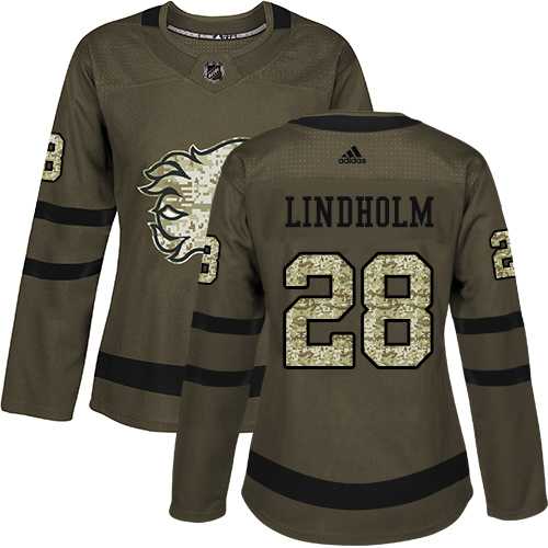 Women's Adidas Calgary Flames #28 Elias Lindholm Green Salute to Service Stitched NHL Jersey