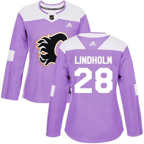 Women's Adidas Calgary Flames #28 Elias Lindholm Purple Authentic Fights Cancer Stitched NHL Jersey