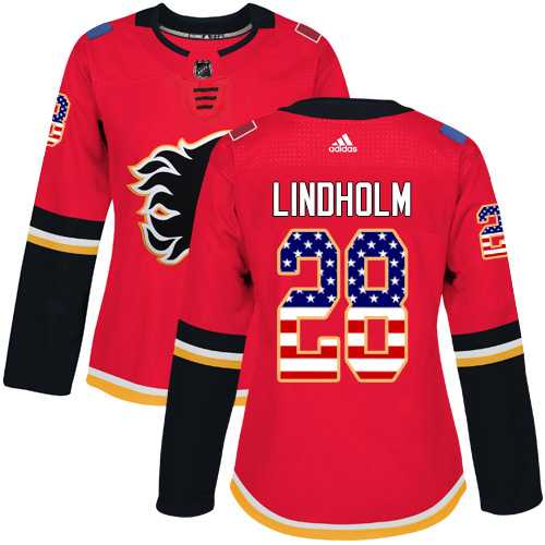 Women's Adidas Calgary Flames #28 Elias Lindholm Red Home Authentic USA Flag Stitched NHL Jersey