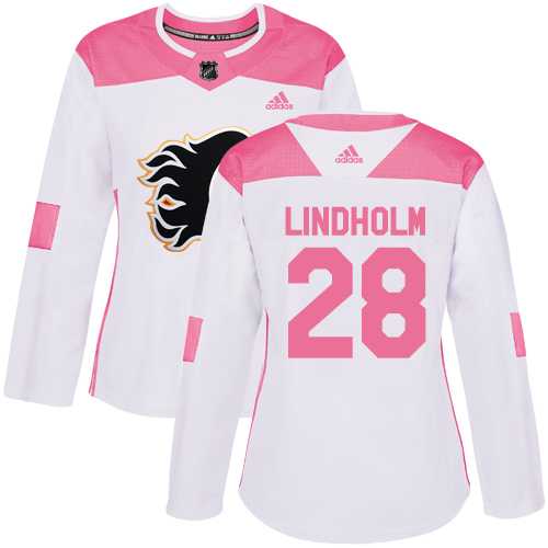 Women's Adidas Calgary Flames #28 Elias Lindholm White Pink Authentic Fashion Stitched NHL Jersey