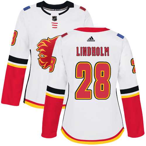 Women's Adidas Calgary Flames #28 Elias Lindholm White Road Authentic Stitched NHL Jersey