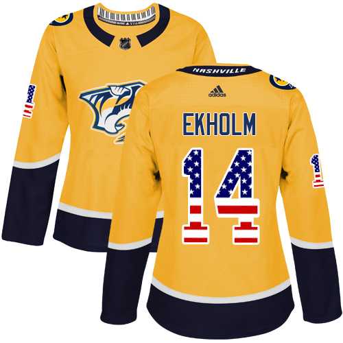 Women's Adidas Nashville Predators #14 Mattias Ekholm Yellow Home Authentic USA Flag Stitched NHL Jersey