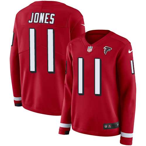 Women's Nike Atlanta Falcons #11 Julio Jones Red Team Color Stitched NFL Limited Therma Long Sleeve Jersey