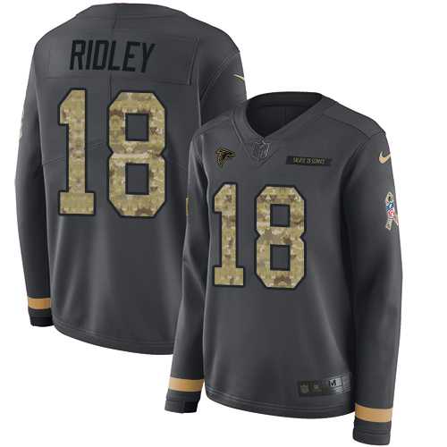 Women's Nike Atlanta Falcons #18 Calvin Ridley Anthracite Salute to Service Stitched NFL Limited Therma Long Sleeve Jersey