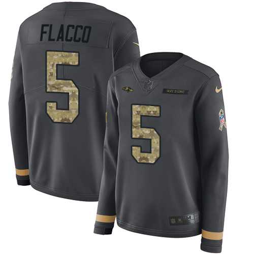 Women's Nike Baltimore Ravens #5 Joe Flacco Anthracite Salute to Service Stitched NFL Limited Therma Long Sleeve Jersey
