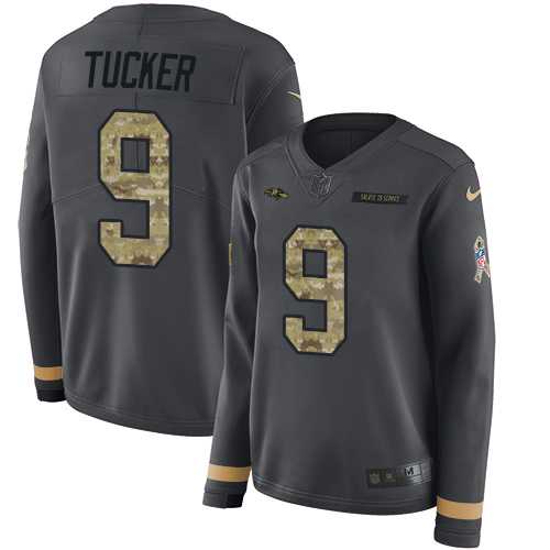 Women's Nike Baltimore Ravens #9 Justin Tucker Anthracite Salute to Service Stitched NFL Limited Therma Long Sleeve Jersey