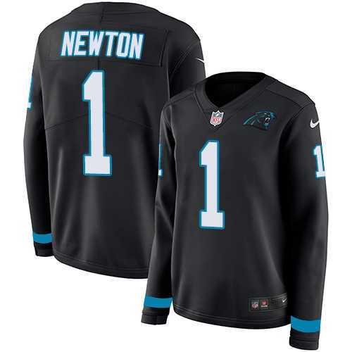 Women's Nike Carolina Panthers #1 Cam Newton Black Team Color Stitched NFL Limited Therma Long Sleeve Jersey
