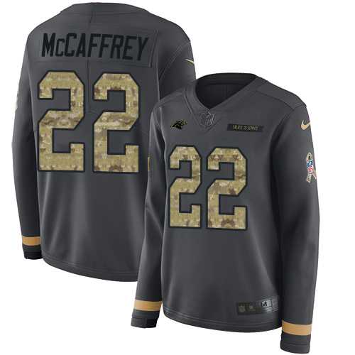 Women's Nike Carolina Panthers #22 Christian McCaffrey Anthracite Salute to Service Stitched NFL Limited Therma Long Sleeve Jersey
