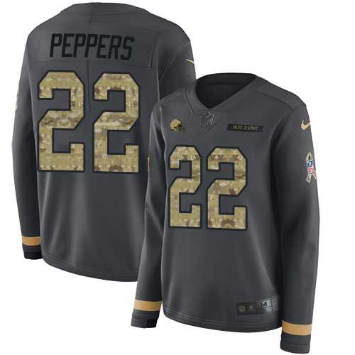 Women's Nike Cleveland Browns #22 Jabrill Peppers Anthracite Salute to Service Stitched NFL Limited Therma Long Sleeve Jersey