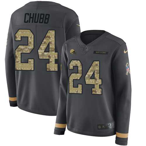 Women's Nike Cleveland Browns #24 Nick Chubb Anthracite Salute to Service Stitched NFL Limited Therma Long Sleeve Jersey