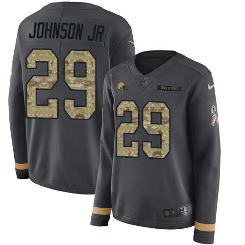 Women's Nike Cleveland Browns #29 Duke Johnson Jr Anthracite Salute to Service Stitched NFL Limited Therma Long Sleeve Jersey