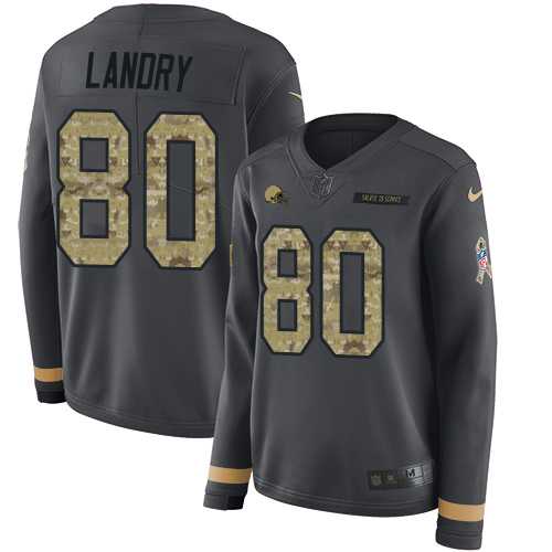 Women's Nike Cleveland Browns #80 Jarvis Landry Anthracite Salute to Service Stitched NFL Limited Therma Long Sleeve Jersey