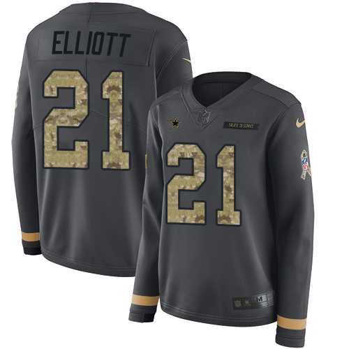 Women's Nike Dallas Cowboys #21 Ezekiel Elliott Anthracite Salute to Service Stitched NFL Limited Therma Long Sleeve Jersey
