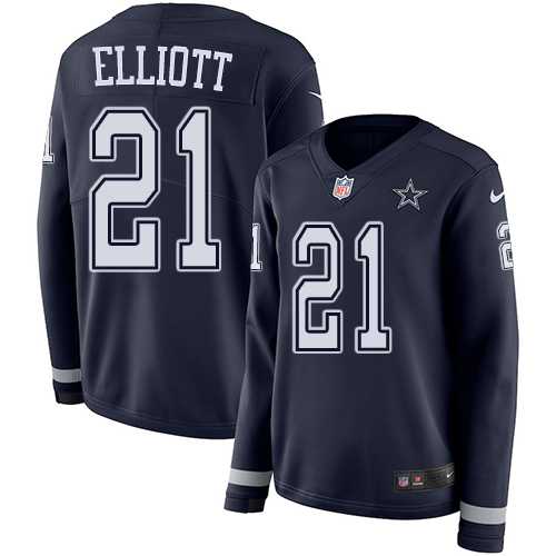 Women's Nike Dallas Cowboys #21 Ezekiel Elliott Navy Blue Team Color Stitched NFL Limited Therma Long Sleeve Jersey
