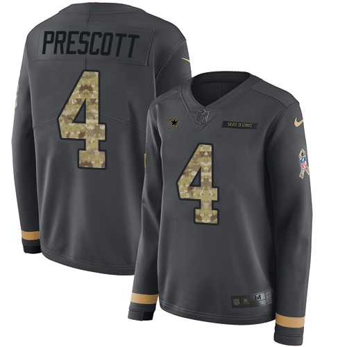 Women's Nike Dallas Cowboys #4 Dak Prescott Anthracite Salute to Service Stitched NFL Limited Therma Long Sleeve Jersey