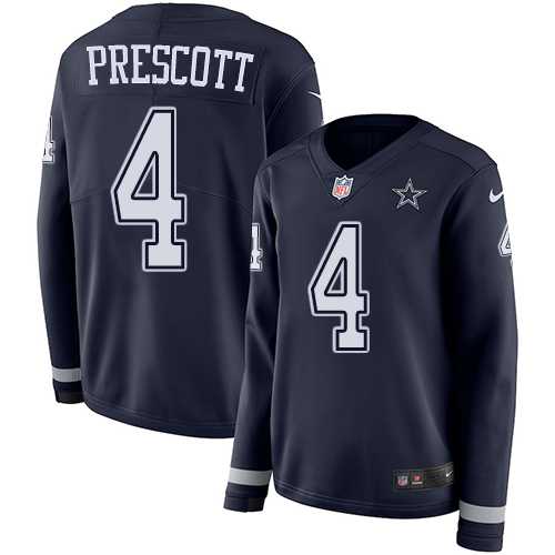 Women's Nike Dallas Cowboys #4 Dak Prescott Navy Blue Team Color Stitched NFL Limited Therma Long Sleeve Jersey
