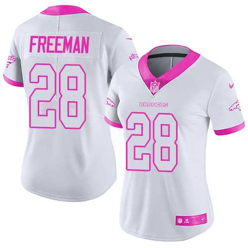 Women's Nike Denver Broncos #28 Royce Freeman White Pink Stitched NFL Limited Rush Fashion Jersey