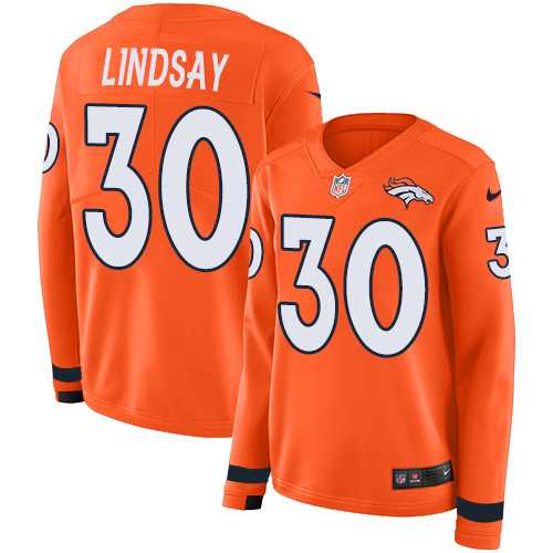 Women's Nike Denver Broncos #30 Phillip Lindsay Orange Team Color Stitched NFL Limited Therma Long Sleeve Jersey