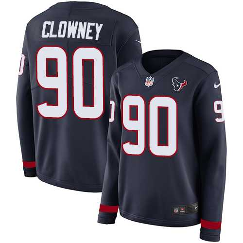Women's Nike Houston Texans #90 Jadeveon Clowney Navy Blue Team Color Stitched NFL Limited Therma Long Sleeve Jersey