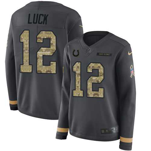 Women's Nike Indianapolis Colts #12 Andrew Luck Anthracite Salute to Service Stitched NFL Limited Therma Long Sleeve Jersey