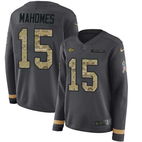 Women's Nike Kansas City Chiefs #15 Patrick Mahomes Anthracite Salute to Service Stitched NFL Limited Therma Long Sleeve Jersey