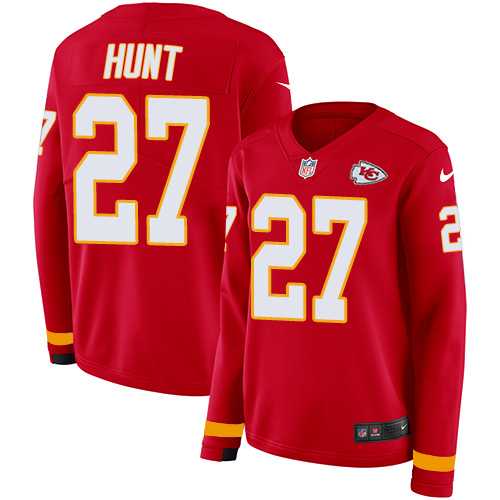 Women's Nike Kansas City Chiefs #27 Kareem Hunt Red Team Color Stitched NFL Limited Therma Long Sleeve Jersey