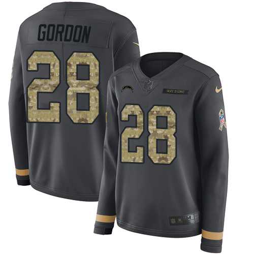 Women's Nike Los Angeles Chargers #28 Melvin Gordon Anthracite Salute to Service Stitched NFL Limited Therma Long Sleeve Jersey