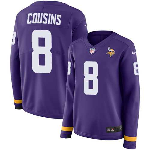 Women's Nike Minnesota Vikings #8 Kirk Cousins Purple Team Color Stitched NFL Limited Therma Long Sleeve Jersey