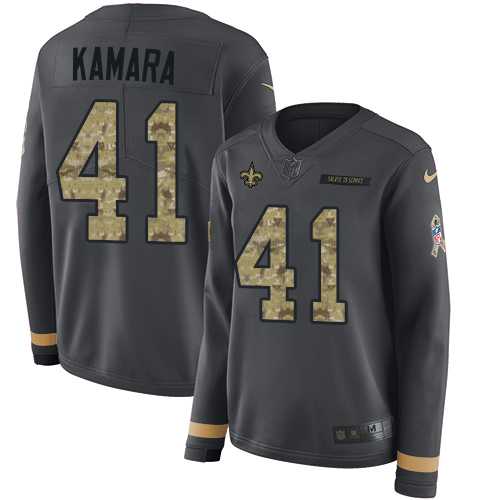 Women's Nike New Orleans Saints #41 Alvin Kamara Anthracite Salute to Service Stitched NFL Limited Therma Long Sleeve Jersey
