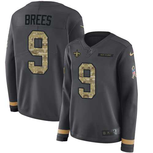 Women's Nike New Orleans Saints #9 Drew Brees Anthracite Salute to Service Stitched NFL Limited Therma Long Sleeve Jersey