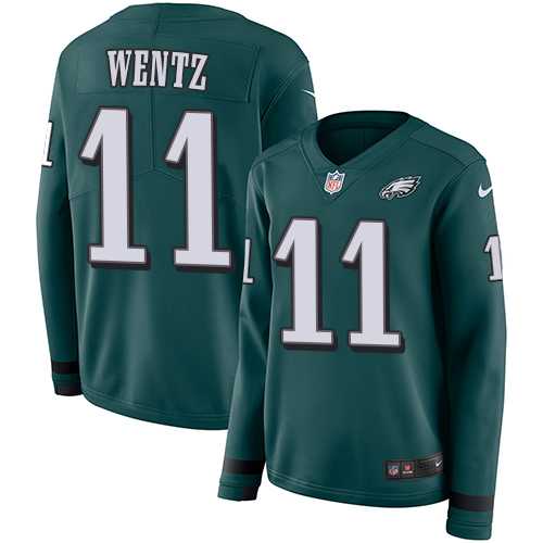 Women's Nike Philadelphia Eagles #11 Carson Wentz Midnight Green Team Color Stitched NFL Limited Therma Long Sleeve Jersey