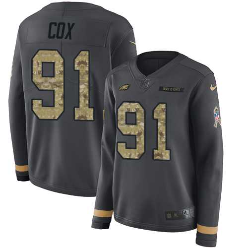 Women's Nike Philadelphia Eagles #91 Fletcher Cox Anthracite Salute to Service Stitched NFL Limited Therma Long Sleeve Jersey