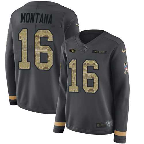 Women's Nike San Francisco 49ers #16 Joe Montana Anthracite Salute to Service Stitched NFL Limited Therma Long Sleeve Jersey