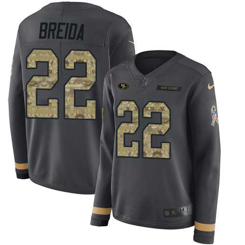 Women's Nike San Francisco 49ers #22 Matt Breida Anthracite Salute to Service Stitched NFL Limited Therma Long Sleeve Jersey