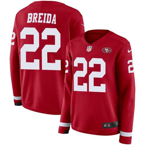 Women's Nike San Francisco 49ers #22 Matt Breida Red Team Color Stitched NFL Limited Therma Long Sleeve Jersey