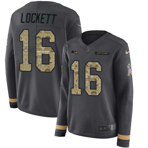 Women's Nike Seattle Seahawks #16 Tyler Lockett Anthracite Salute to Service Stitched NFL Limited Therma Long Sleeve Jersey