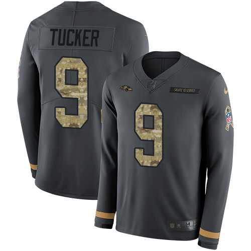 Youth Nike Baltimore Ravens #9 Justin Tucker Anthracite Salute to Service Stitched NFL Limited Therma Long Sleeve Jersey