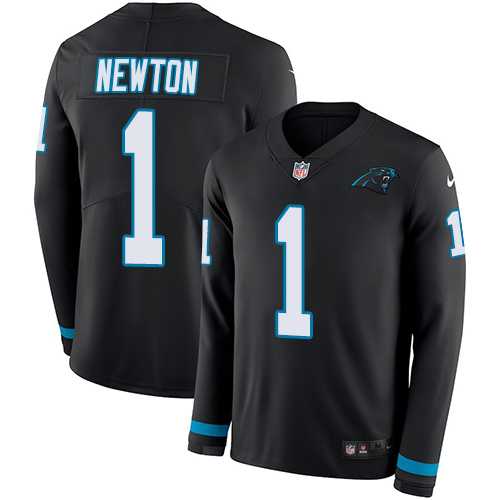 Youth Nike Carolina Panthers #1 Cam Newton Black Team Color Stitched NFL Limited Therma Long Sleeve Jersey