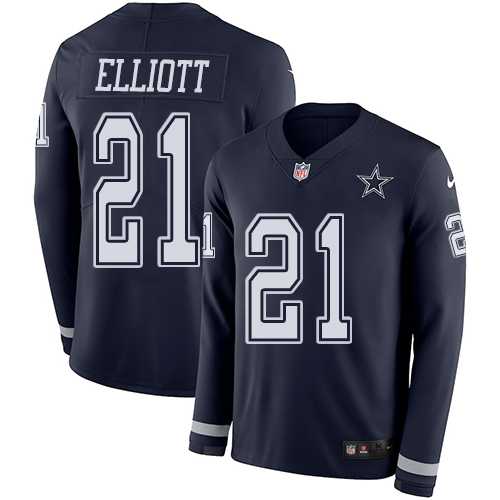 Youth Nike Dallas Cowboys #21 Ezekiel Elliott Navy Blue Team Color Stitched NFL Limited Therma Long Sleeve Jersey