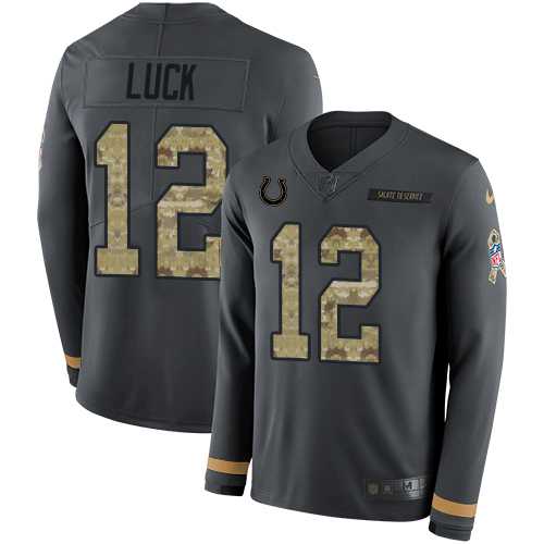 Youth Nike Indianapolis Colts #12 Andrew Luck Anthracite Salute to Service Stitched NFL Limited Therma Long Sleeve Jersey