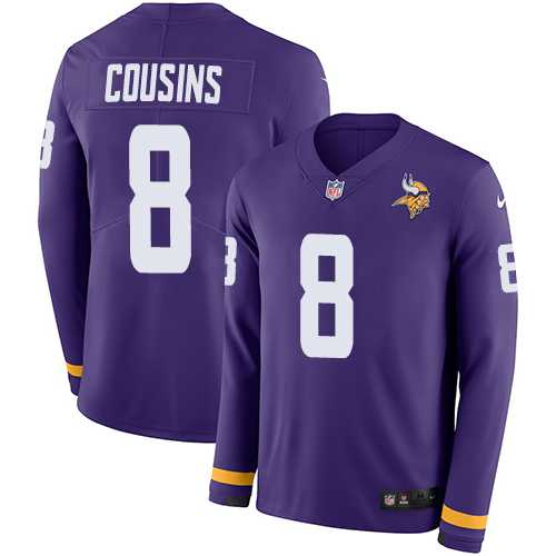 Youth Nike Minnesota Vikings #8 Kirk Cousins Purple Team Color Stitched NFL Limited Therma Long Sleeve Jersey