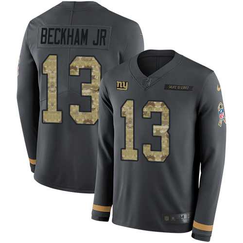 Youth Nike New York Giants #13 Odell Beckham Jr Anthracite Salute to Service Stitched NFL Limited Therma Long Sleeve Jersey