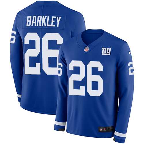 Youth Nike New York Giants #26 Saquon Barkley Royal Blue Team Color Stitched NFL Limited Therma Long Sleeve Jersey