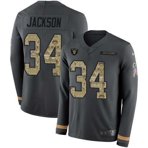 Youth Nike Oakland Raiders #34 Bo Jackson Anthracite Salute to Service Stitched NFL Limited Therma Long Sleeve Jersey