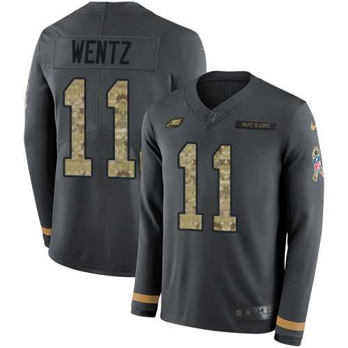 Youth Nike Philadelphia Eagles #11 Carson Wentz Anthracite Salute to Service Stitched NFL Limited Therma Long Sleeve Jersey
