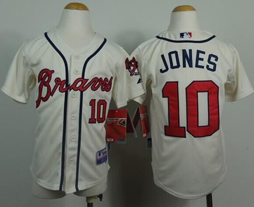 Kids Atlanta Braves #10 Chipper Jones Cream Cool Base Stitched MLB Jersey