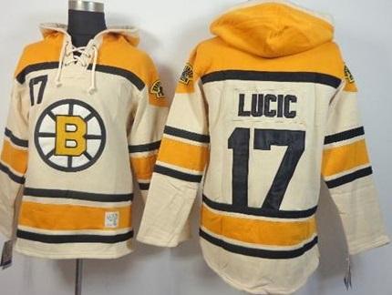Boston Bruins #17 Milan Lucic Cream Stitched NHL Sawyer Hooded Sweatshirt Jersey